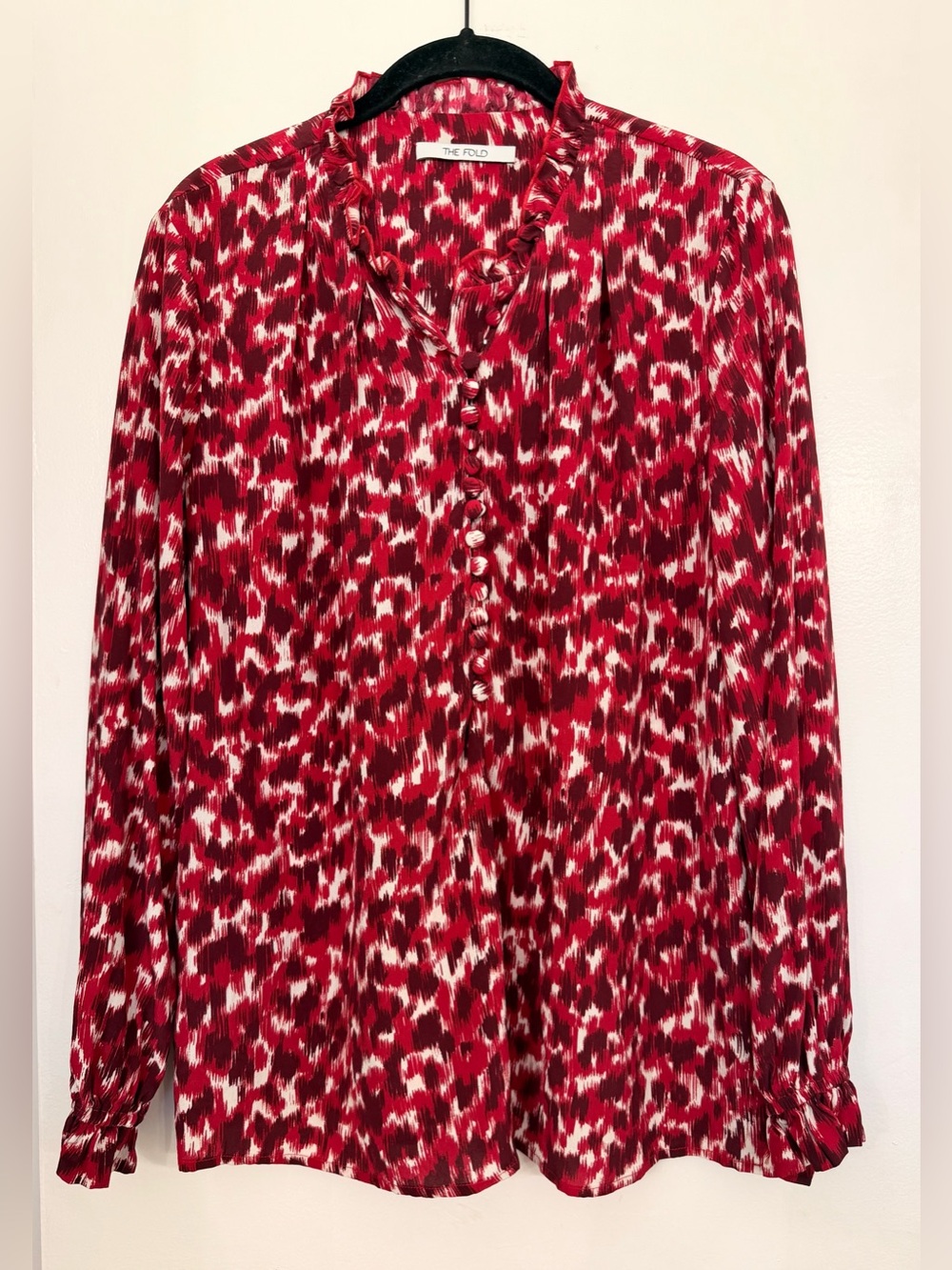 The Fold Silk Long Sleeve Blouse Red & White Size 6